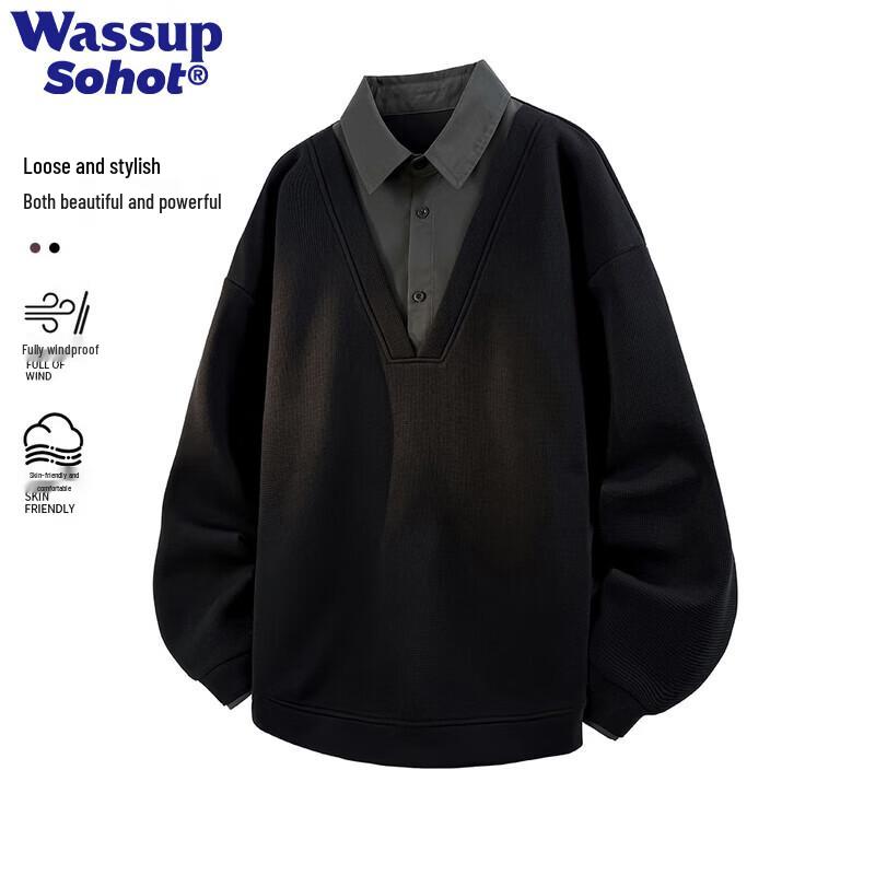 Wassup Sohot Men's Faux Two-Piece Heavyweight Polo Sweatshirt