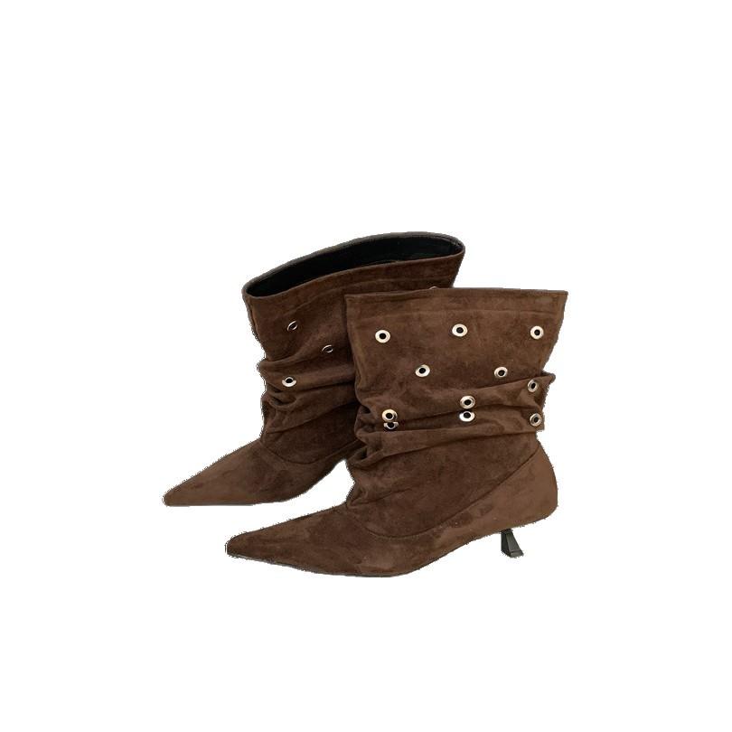 European and American Fashion Punk Style Riveted High-heeled Short Boots Spice Girls 2025 Autumn and Winter Short Tube Pointed Thin Heel Pleated 