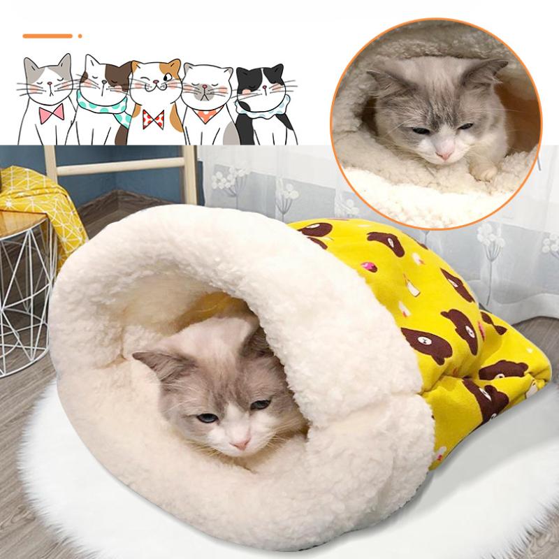 Katzenschlafsack für alle Jahreszeiten geeignet weich flauschig geschlossenes Katzenbett Cartoon Katzenbettunterlage Haustiermatte Haustierschlafsack Haustierbedarf