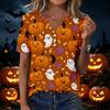 Womens Halloween Print V Neck Short Sleeve T Shirt Button Detail Casual Loose Fit Top for Everyday Wear