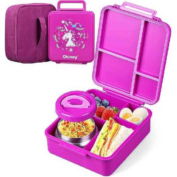 Bento Lunch Box for Kids With 8oz Soup Thermo, Leakproof Lunch Compartment Containers with 4 Compartment Bento Box, Thermo Food Jar, BPA Free,Travel, purple(unicorn)