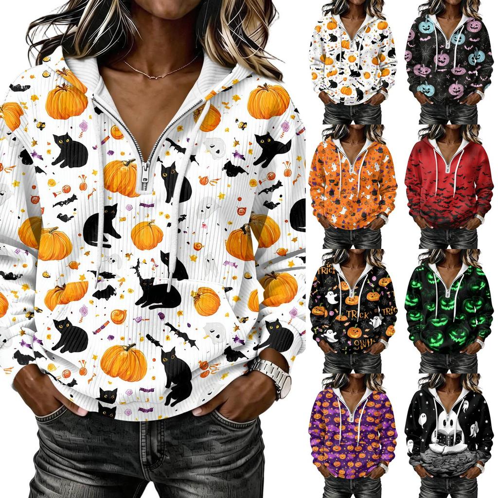 Women's Long Sleeve Halloween Print Hoodie Pullover with Casual Top