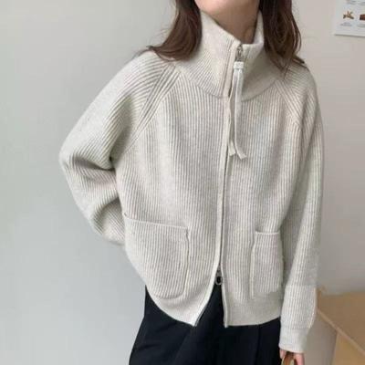 New Autumn and Winter Stand-up Collar, Double Zipper, Long-sleeved, Loose, Large-sized, Laid-back Style Knitted Cardigan Sweater for Women