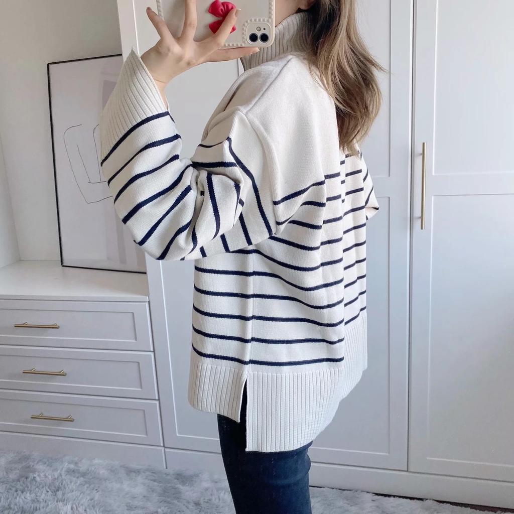 Sweaters Women Fashion Stripe Loose Zipper Knitting Sweaters Vintage Long Sleeve Female Pullover