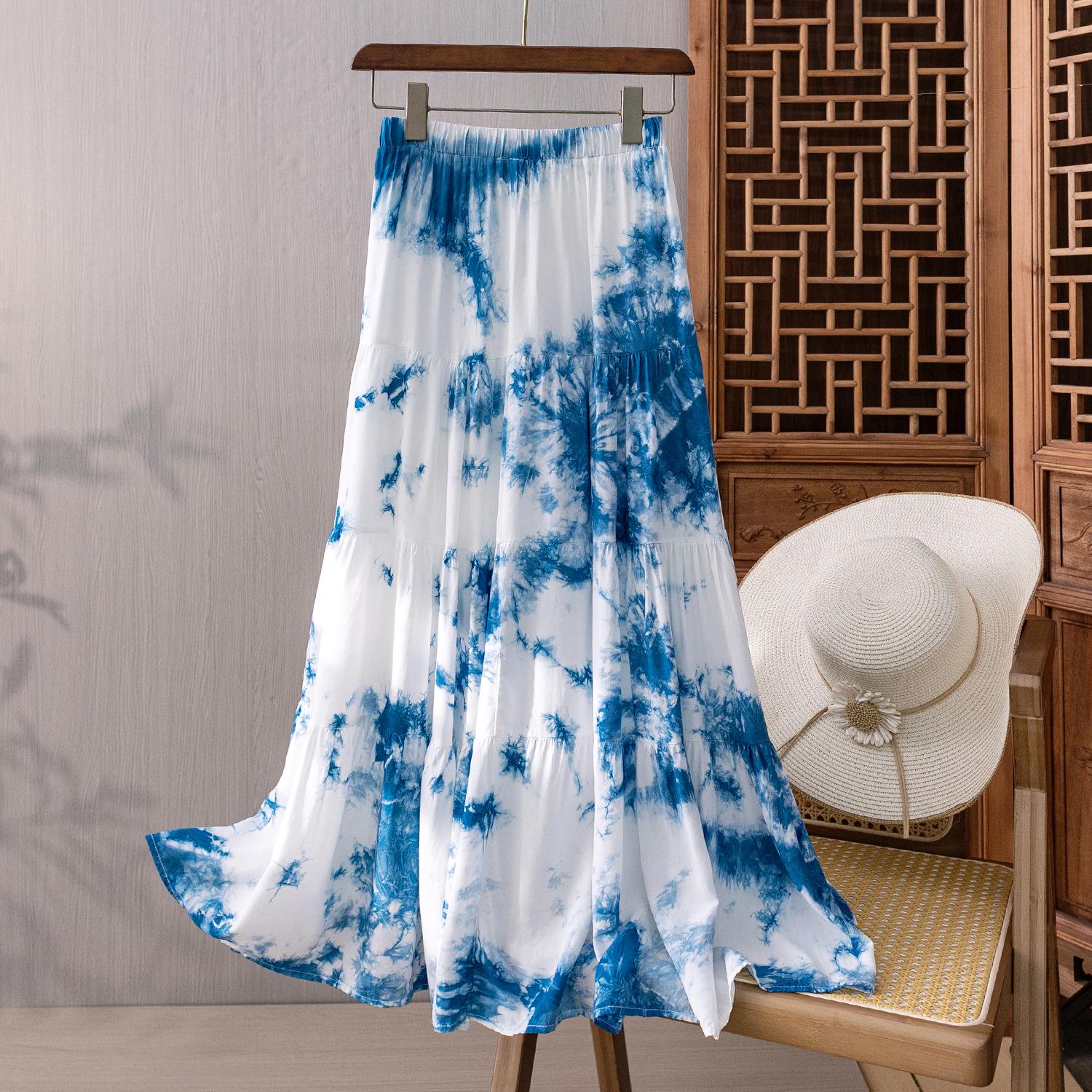 Длинная юбка в стиле пэчворк из хлопка с узором тай-дай из Дали, Юньнань - Летняя, стройнящая и омолаживающая для женщин M