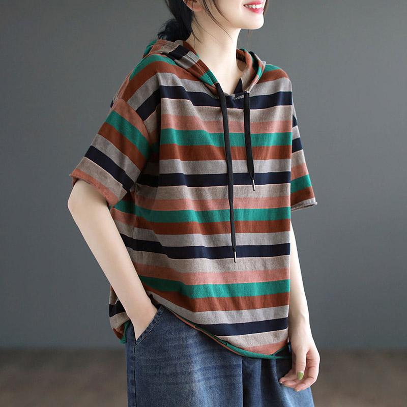 

Футболка для женщин, летняя, большого размера, хлопковая футболка, мягкая, свободная, в полоску, повседневная, удобная, пуловер, футболка, топ XXXXL