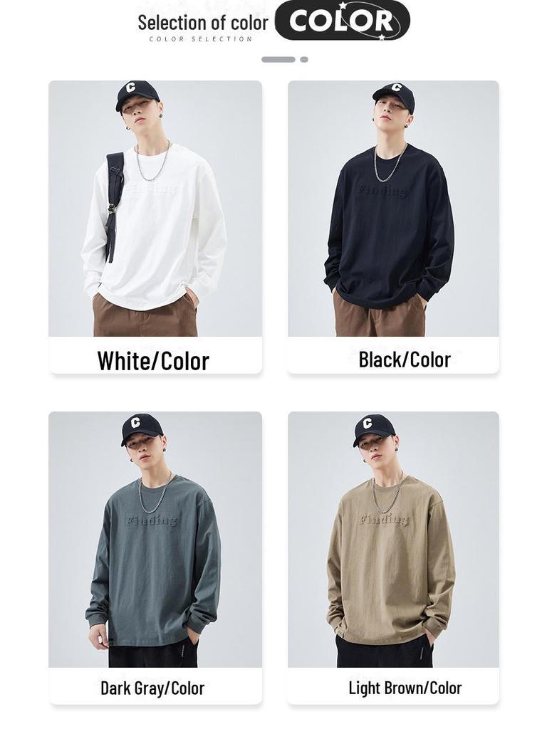 Męski T-shirt z długim rękawem z grubej bawełny - Biały z okrągłym dekoltem, nadruk stalowy, luźny krój, kolekcja jesienna