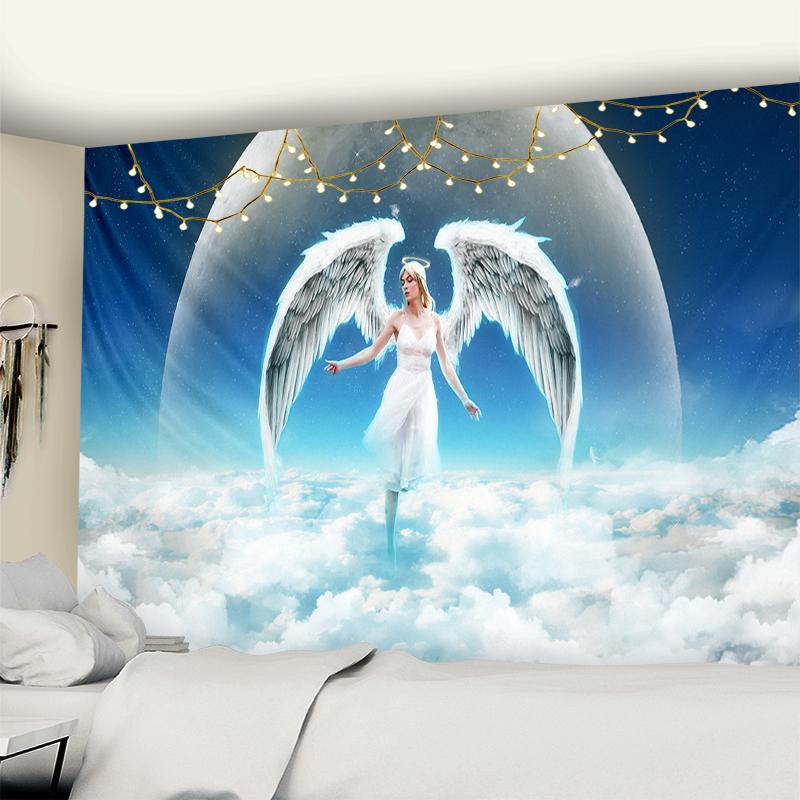 Pure White Angel Tapestry Wall Hanging Blue Sky White Clouds Halo Bohemian Art Living Room Bedroom Home Children's Room Decor