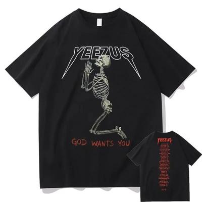 2024 Nuevo Dios Te Quiere Kanye West Camiseta con Estampado Doble Cara Streetwear Camisetas Gráficas de Calavera Unisex Mujer Hip-Hop Camiseta Tops