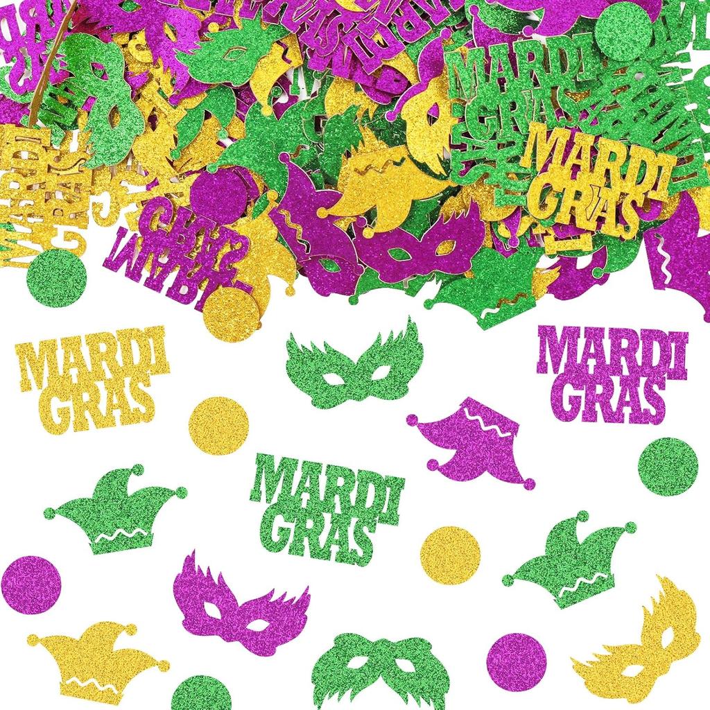 200 Pieces Mardi Gras Confetti for Table Decorations, Fat Tuesday Confetti Decorations Glitter Green Purple Paper Confetti Eyeglass Crown Table