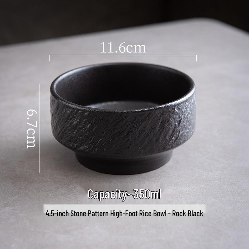 Black and White Ceramic Rice Bowl - Rock Texture Household Tableware for Soup, Salad, Dessert