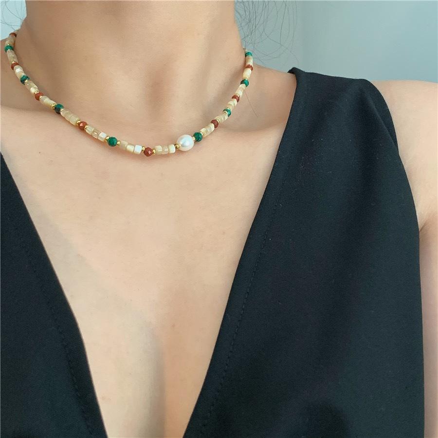 Natural stone shell baroque pearl necklace women's color beaded choker niche design titanium steel necklace