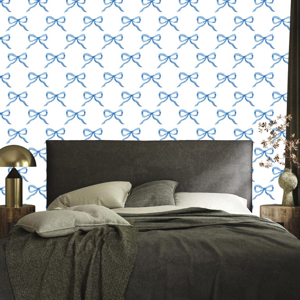 Bows Wallpaper White and Azure for Living Room and Bedroom 50x1000