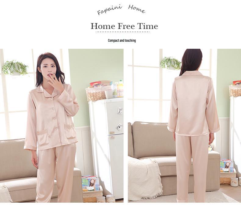 Spring-Summer Silk Couple's Pajama Set: Embroidered Long Sleeve Top & Pants for Men & Women