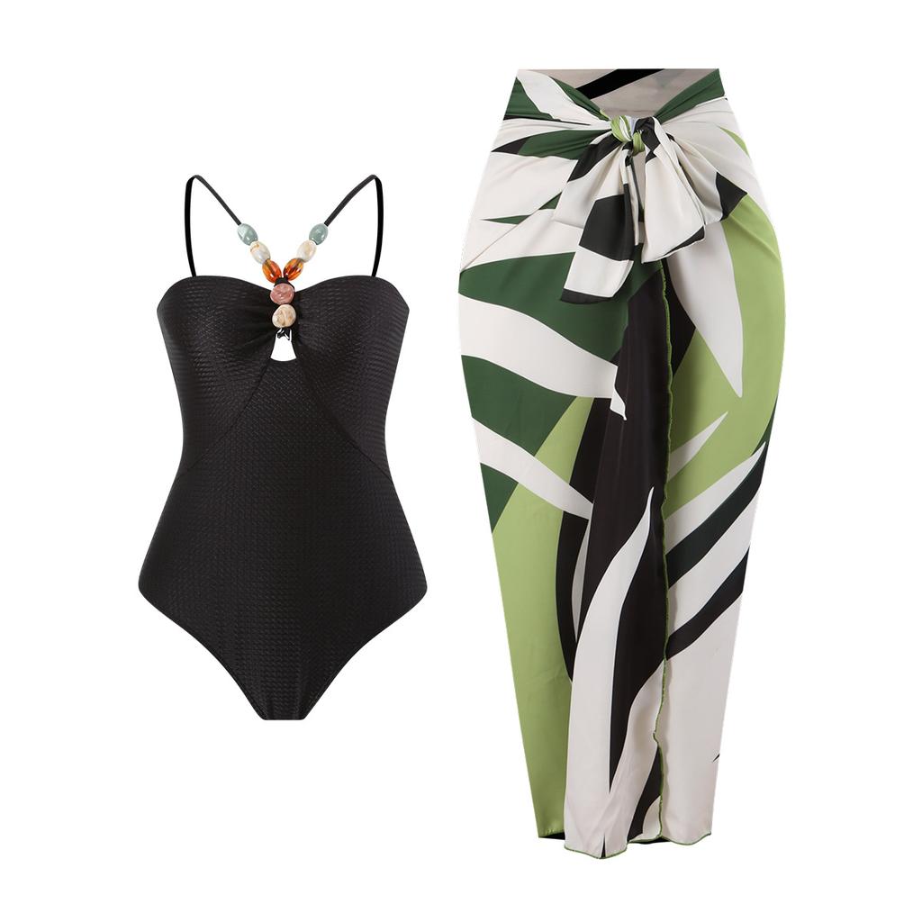 Women's Fashion Beads Swimsuit Sexy Hollow Out Bikini Set Padded Lace Up Back Monikini Slip Cover-up Swimwear Set Two PiecesTankini Bathing Suit