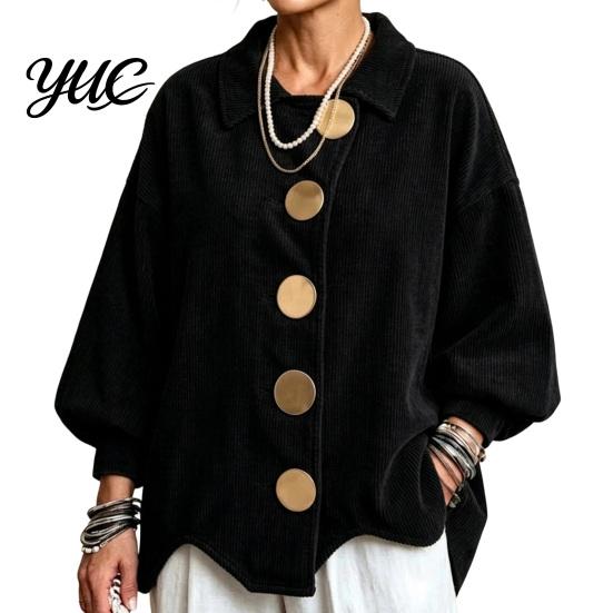 Lady Corduroy Jacket Women with Large Metal Buttons, Lantern Sleeve Casual Long Coat for Fall Winter, Loose Fit Oversized Collared Outerwear Warm