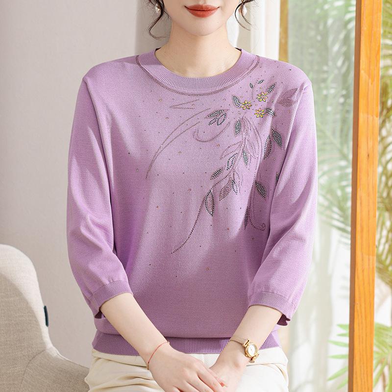

2026 Stylish Chinese Print Ice Silk T-shirt: Round Neck, Short Sleeve, Summer Top for Mom XL (suggested for 90-115 jin)