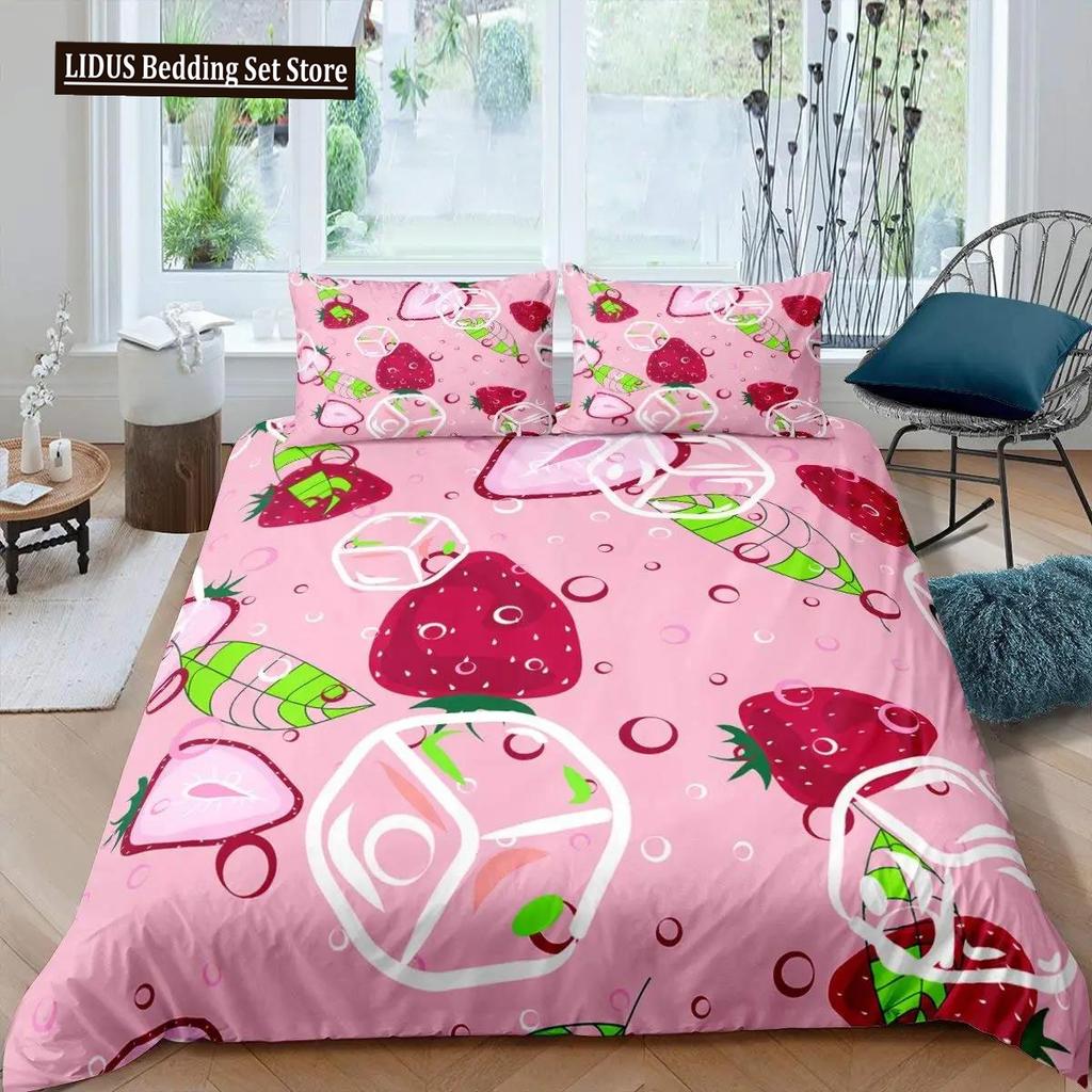 Strawberry Duvet Cover Set Girl King Size Comforter Cover Set Red Strawberry Bedding Set Food Fruit Quilt Cover For Kids Gift