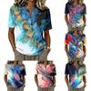 Damen Kurzarm Baumwolle Leinen Hemd Henley Knopfleiste Freizeit Lockerer Schnitt Bedruckte Bluse Sommer Top