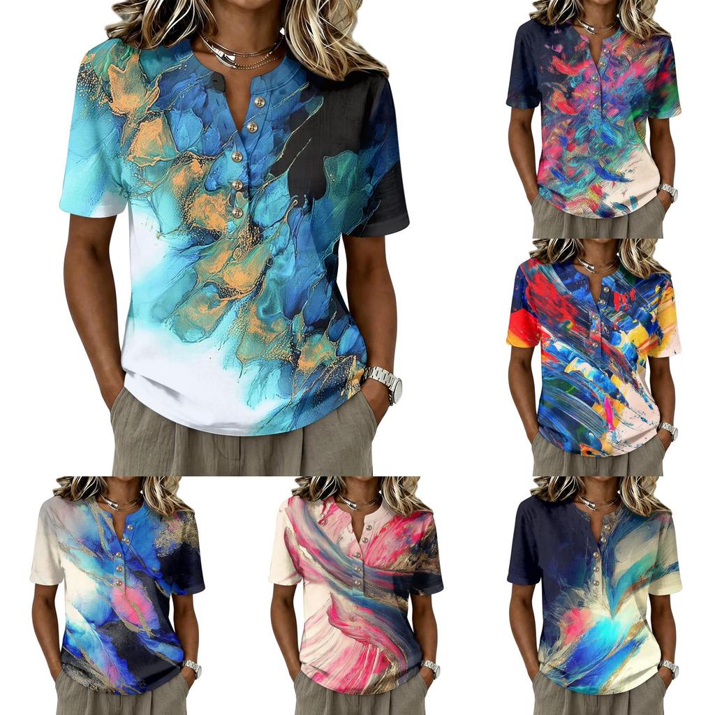 Women Short Sleeve Cotton Linen Shirt Henley Button Neck Casual Loose Fit Printed Blouse Summer Top