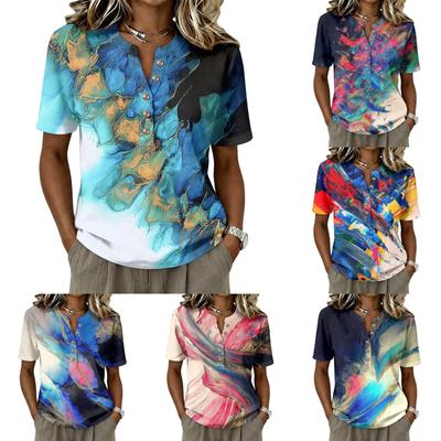 Women Short Sleeve Cotton Linen Shirt Henley Button Neck Casual Loose Fit Printed Blouse Summer Top