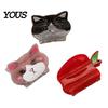 Strong Grip Hair Claw for Women, Anti-Slip Tooth Clip with Grip, 3D Cat Half-up Red Fruit Design Back Head Claw, Pearlescent Glitter