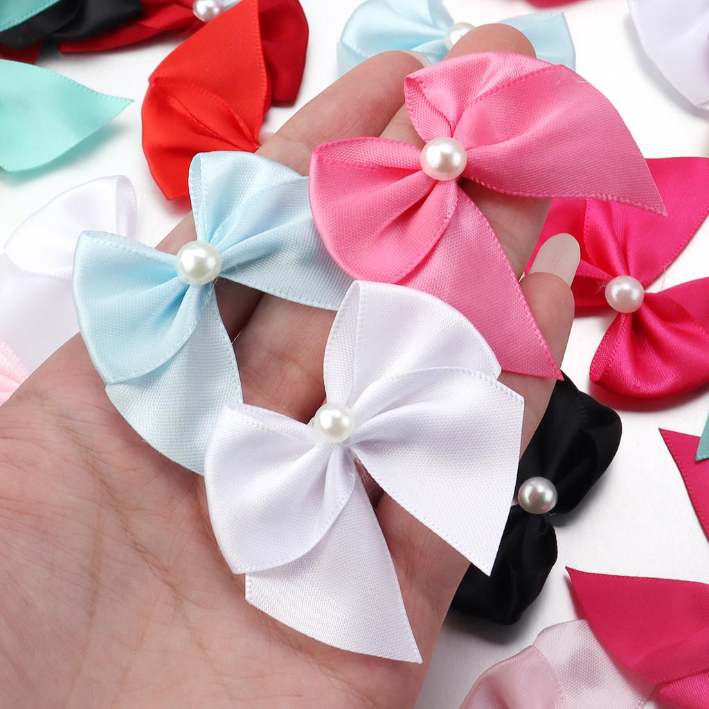 20pcs Polyester Satin Ribbon Bows 5.5x6cm Colorful Half Bead Hand Tied Bowknots For DIY Crafts Party Clothing Headwear Finding