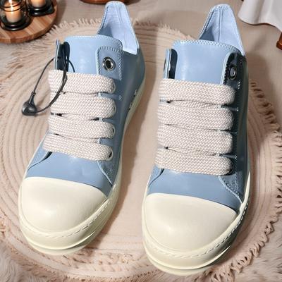 Brand Luxury Designer Shoes Men Fashion Light Blue Calf Leather Low Top Sneakers Women Classic Thick Shoelaces Thick Sole Design