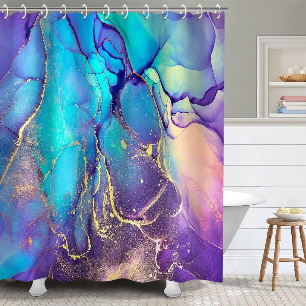 Blue Marble Shower Curtain, Abstract Teal Navy Ombre Striped Design With Hooks