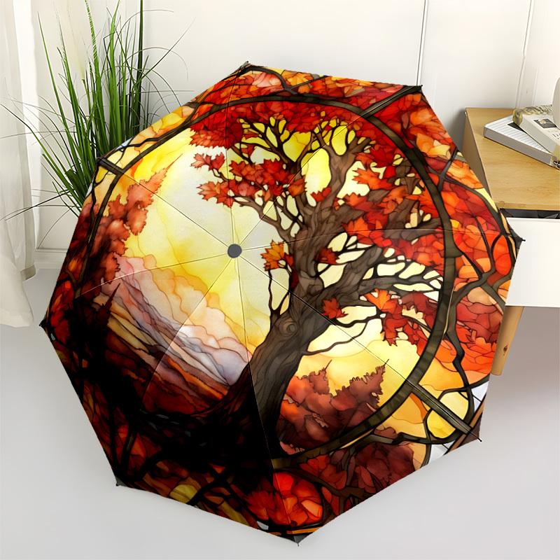 1pc Autumn Tree Stained Automatic Umbrella - Stylish, Durable, with 8-Rib Manual Open Design, Elegant Black Handleyy250920143