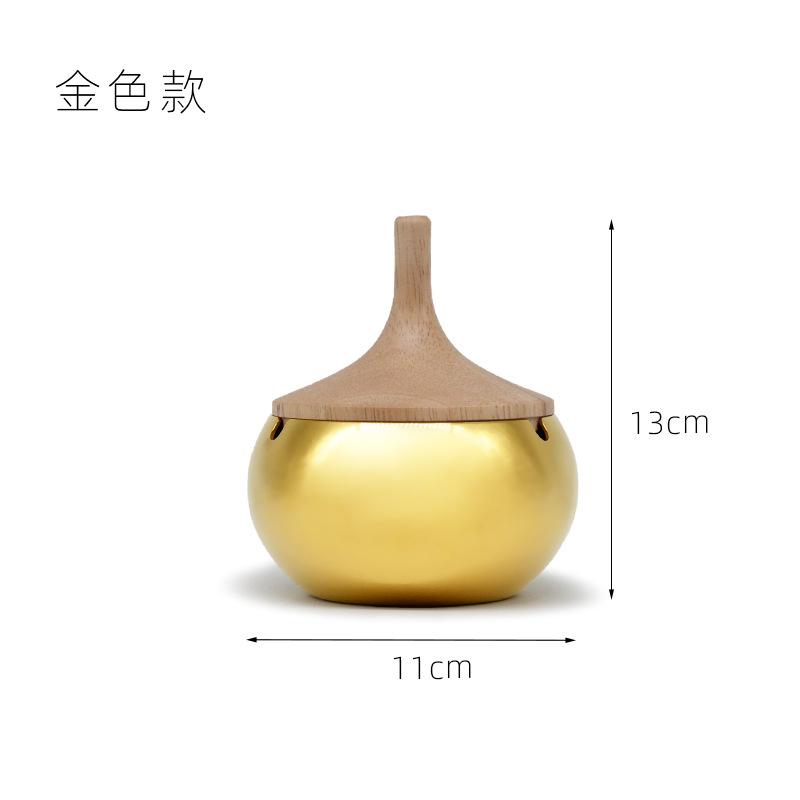 Stainless Steel Wooden Lid Ashtray Large Household Living Room Office Cigarette Holder Anti-Flying Ash Fall Thickened Silver