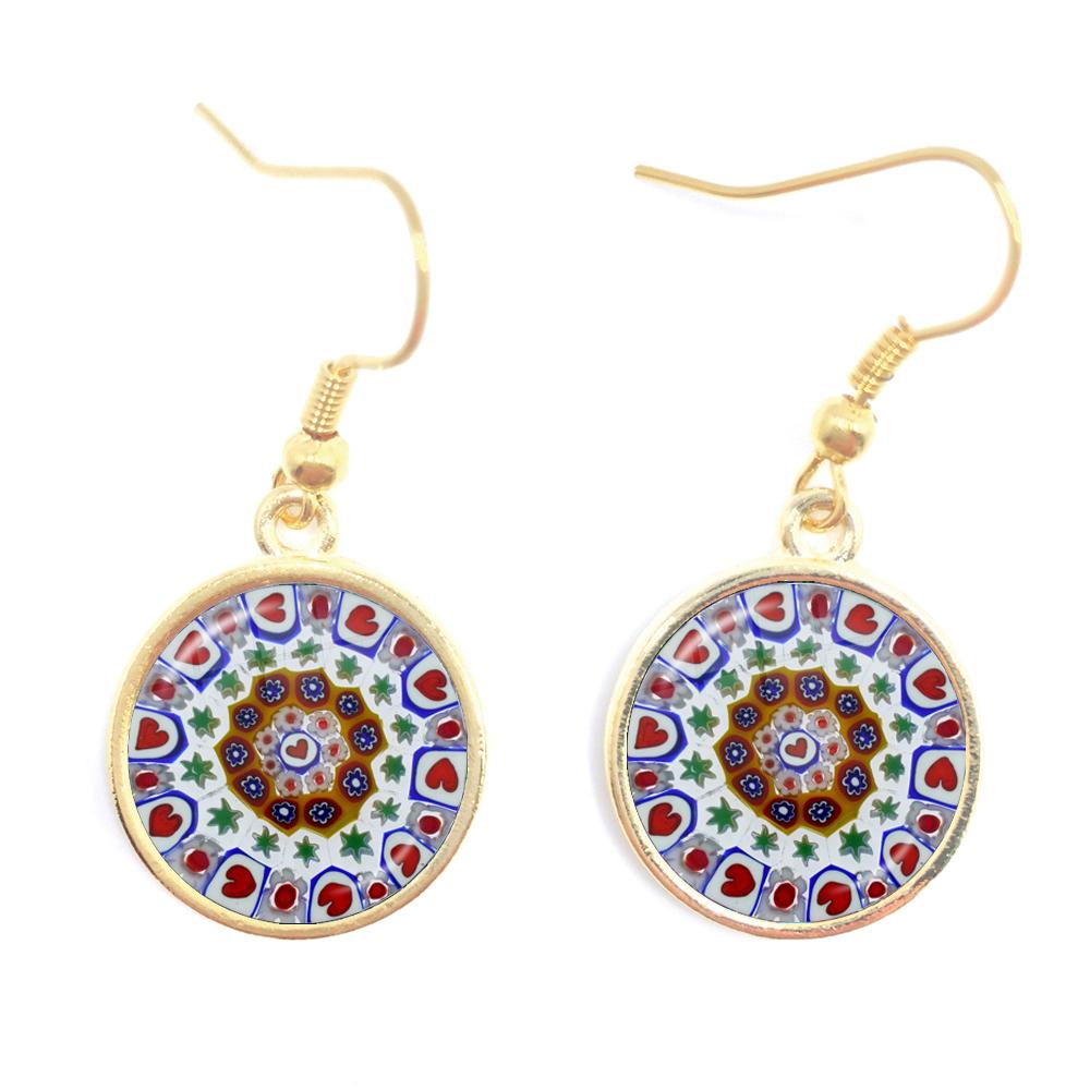 Murano Millefiori Drop Earrings MultiColour Flower 16mm Glass Cabochon Earring Jewelry For Women Girls Gift