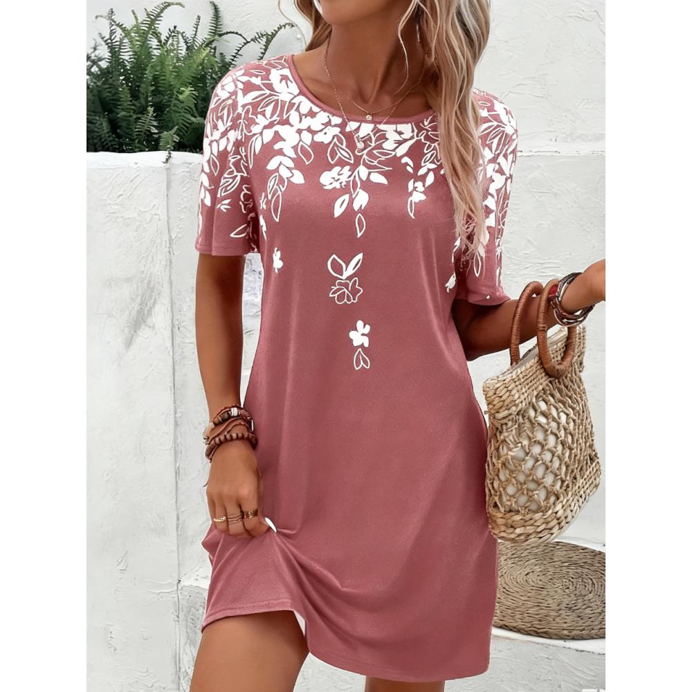 Damen Casual Blumenmuster Minikleid Vintage Rundhals Kurzarm Modisch Boho Freizeitkleider