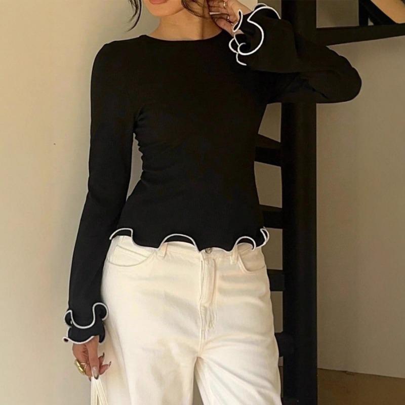 Women's New Long Sleeve Slim T-Shirt Women's Pullover Bottoming Shirt Contrast Color Fungus Trimmed Sweater