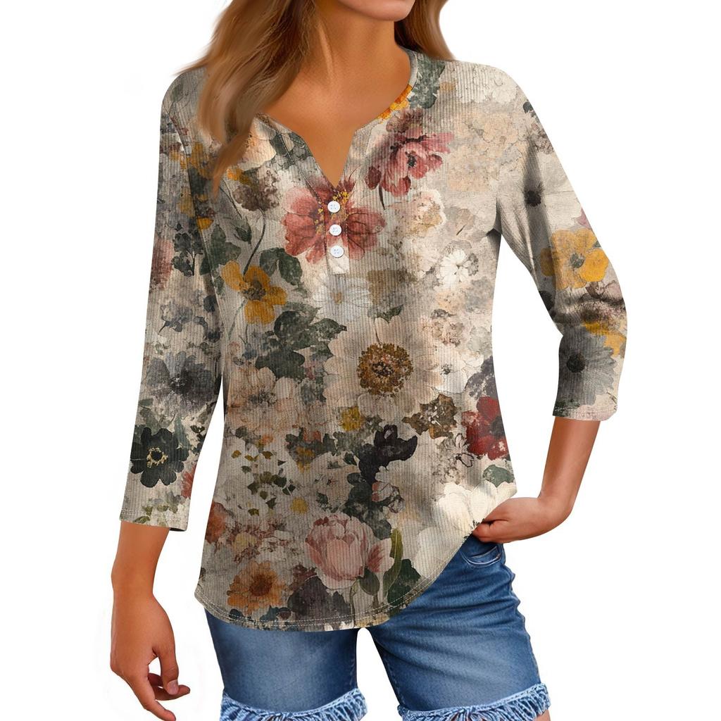 Women's T Shirt Tee Print Button 3/4 Sleeve Tunic Daily Weekend Fashion Basic V- Neck Regular Top