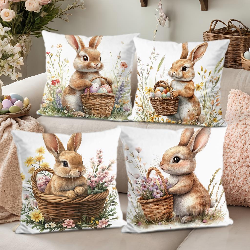 Pastel Easter Bunny Pillow Cover Cute Rabbit Basket Print Cushion Case Holiday Home Decor for Party Gift