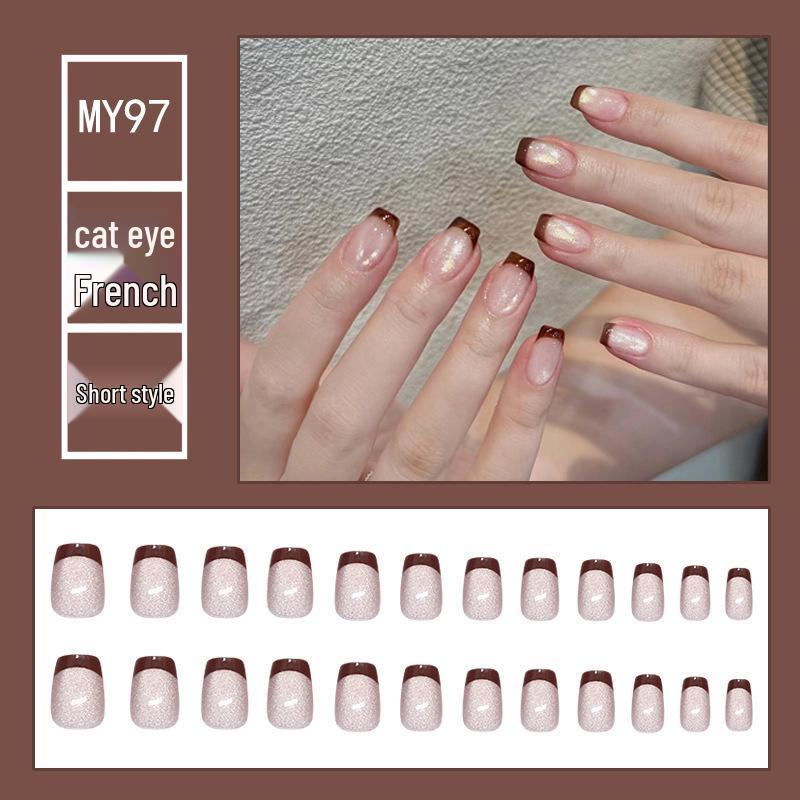 

Флеш Бриллиант Кошачий Глаз Французский Носимый Короткий Нейл-арт - Универсальные Накладные Патчи для Ногтей Одного Размера