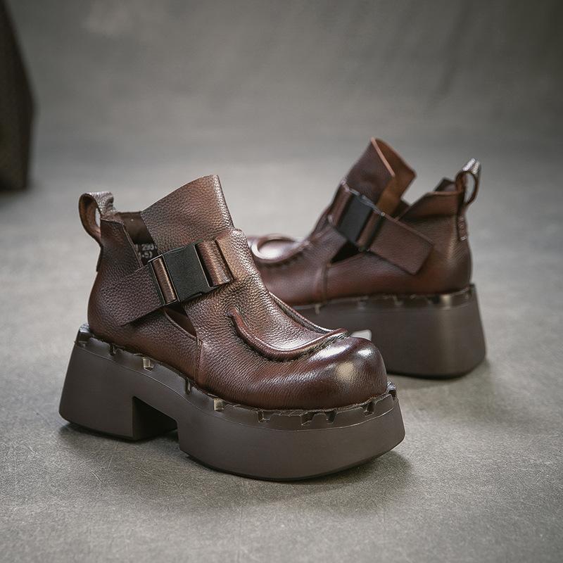 Johnature Commuter Retro Thick Soled High Heels Pumps Versatile Genuine Leather Women's Platform Shoes