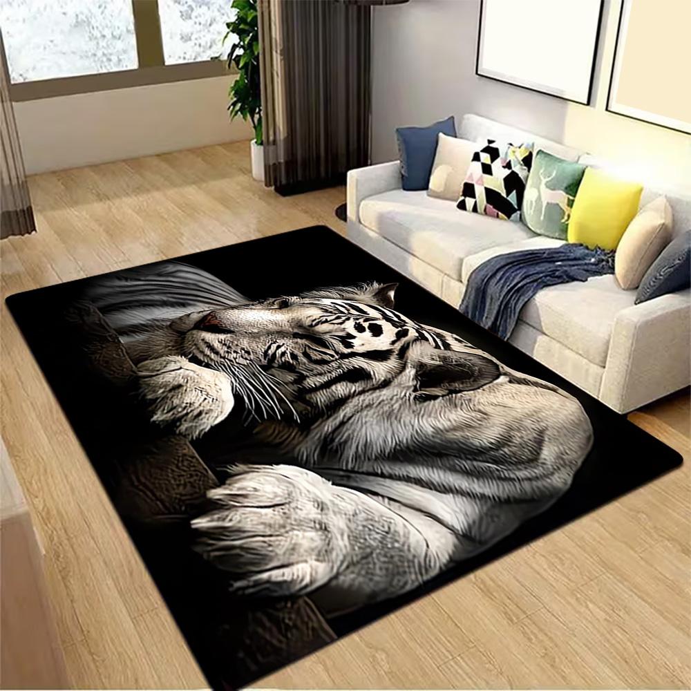 White Tiger Print Rug Decoration,Carpet,Living Room,Bedroom, Non-slip,Square rug