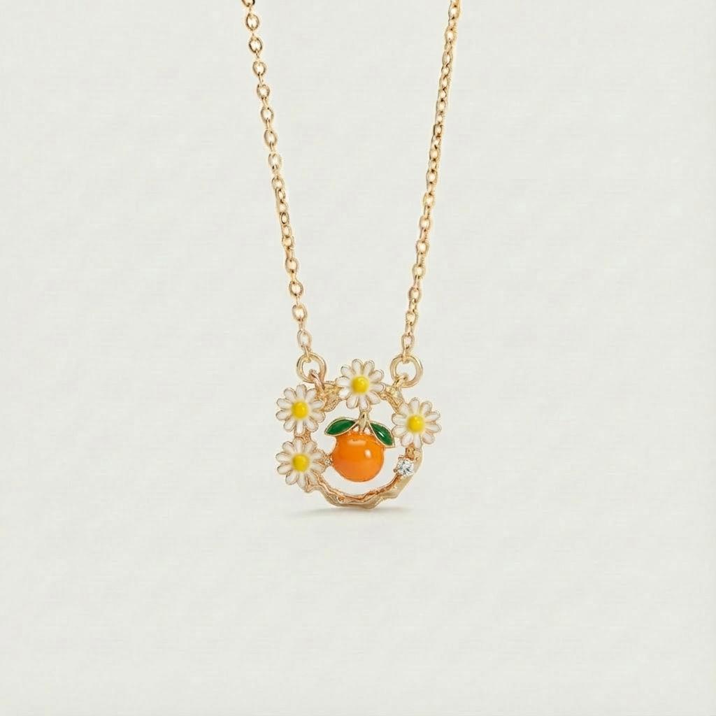 Retro Color Small Daisy Flower Fruit Series Strawberry Cat Paw Pendant Necklace Color Dripping Oil