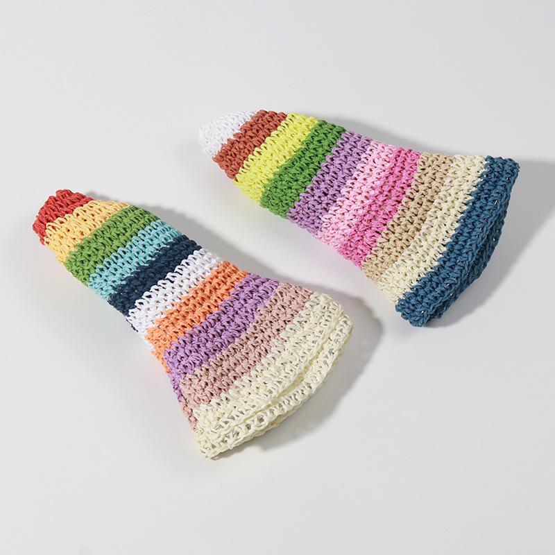 Hand Crocheted Rainbow Circle Bucket Hat Women's Striped Sun Hat Day Pot Hat Spring and Summer New Straw Hat Foldable