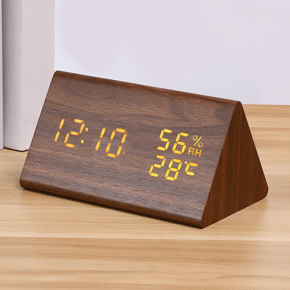Simple Plug-in LED Electronic MDF Desk Clock Silent Voice-Controlled Digital Alarm Clock Temperature Humidity Display