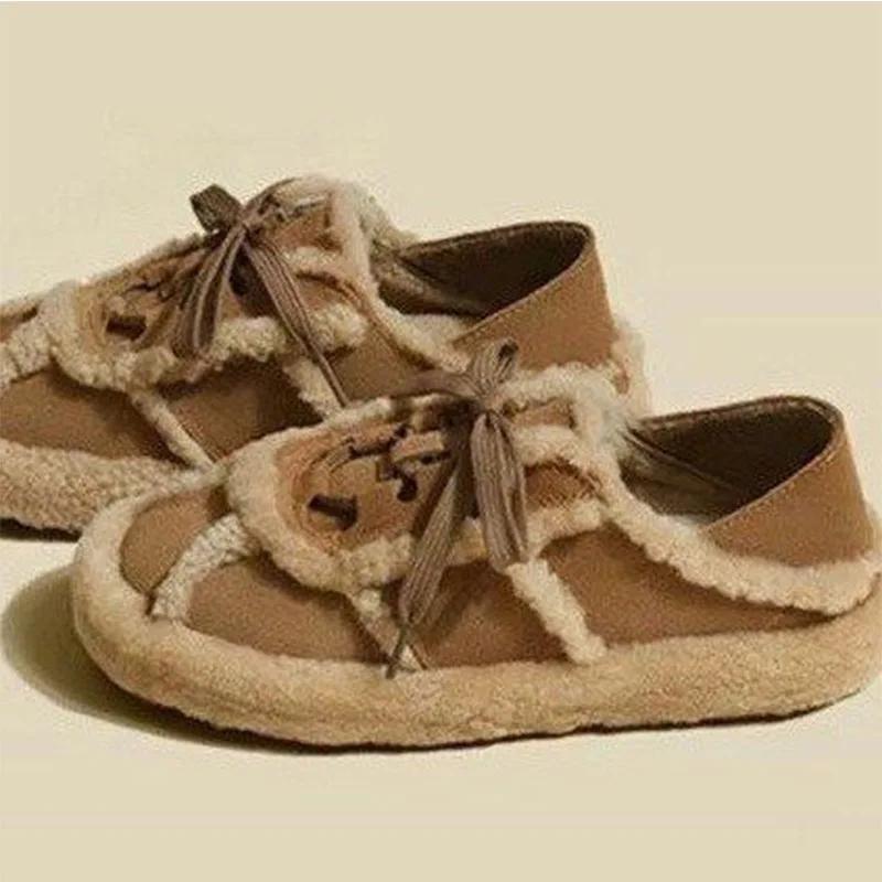 Fashion Artificial Fur Flat Shoes Women 2024 New Winter Lace Up Casual Warmth Shoes Versatile Bean Shoes Velvet Snow Boots Retro Style