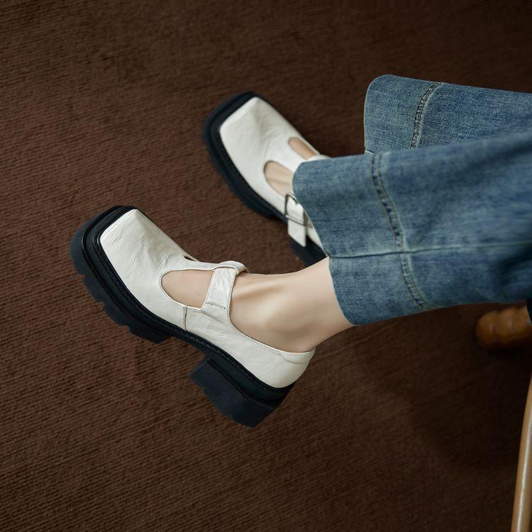 Thick-soled thick-heeled sheepskin Mary Jane shoes 2025 spring new British square head thick-heeled waterproof table genuine leather light-mouth si