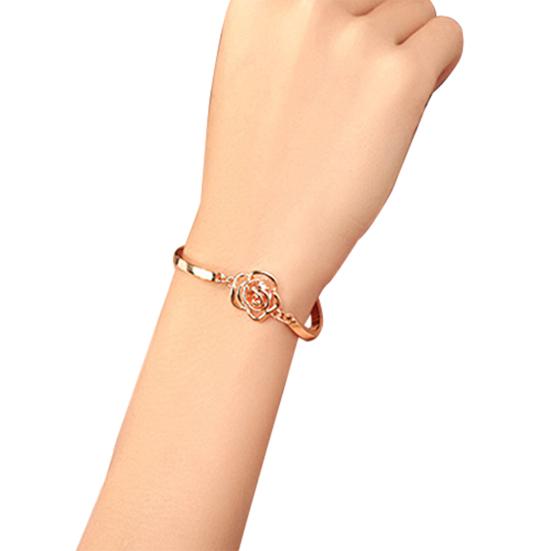 Women Golden Flower Crystal Rose Bangle Cuff Chain Bracelet Chic Jewelry Present