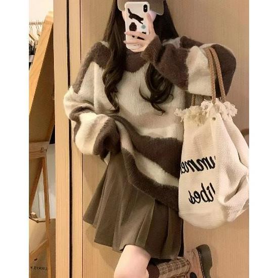 Women's Japanese Retro Striped Oversized Knitted Sweater - Soft, Gentle, Lazy Style for Spring & Autumn