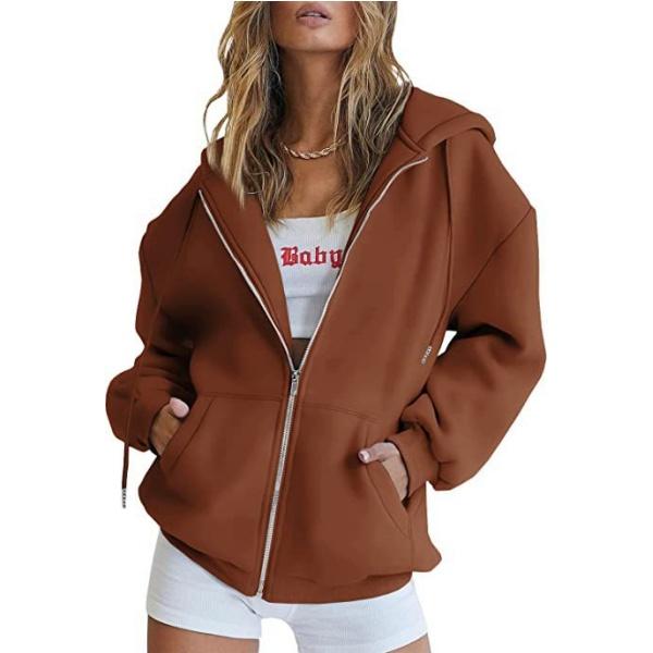 Women's Autumn Fashion Zipper Hoodie Long Sleeve Hooded Pullover Sweatshirt Casual Solid Color Tops with Pockets