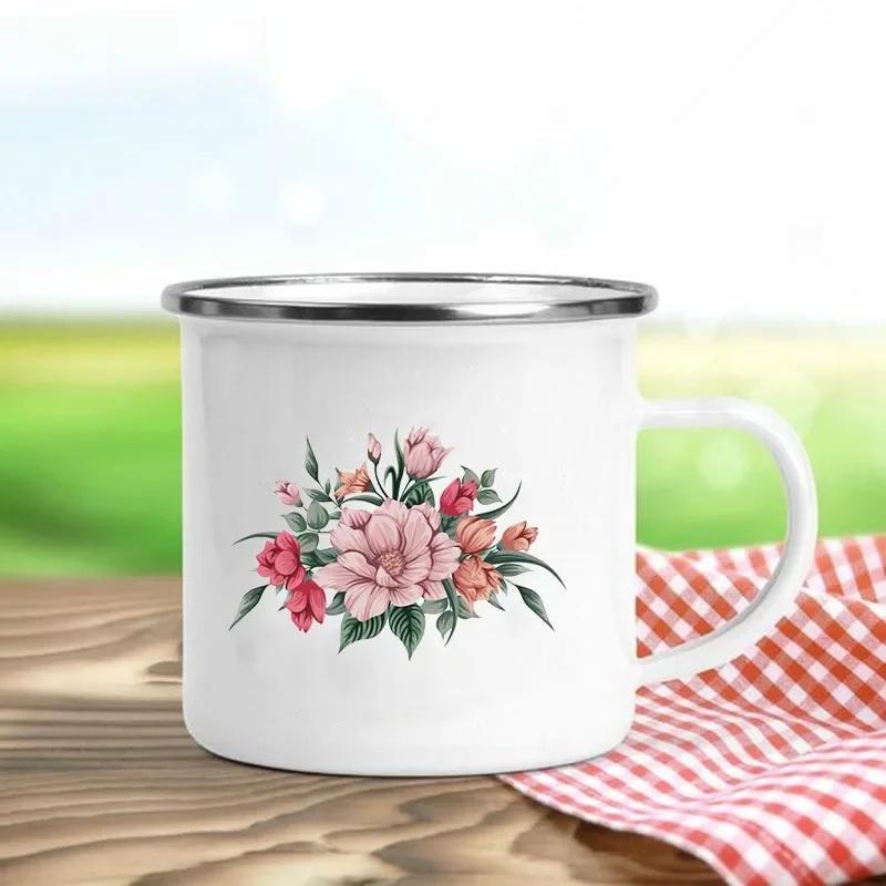 Tazas de Esmalte Retro con Estampado de Flores Tazas de Café Creativas Verano Picnic al Aire Libre Bebidas Zumo Leche Tazas de Acampada Asa Utensilios para Beber Regalos