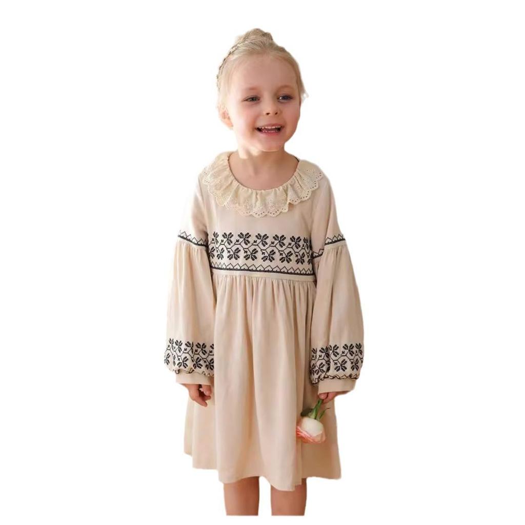Autumn 2026 Forest-Style Ruffled Lace Collar Embroidered Girls' Dress with Puff Sleeves in Cotton Linen