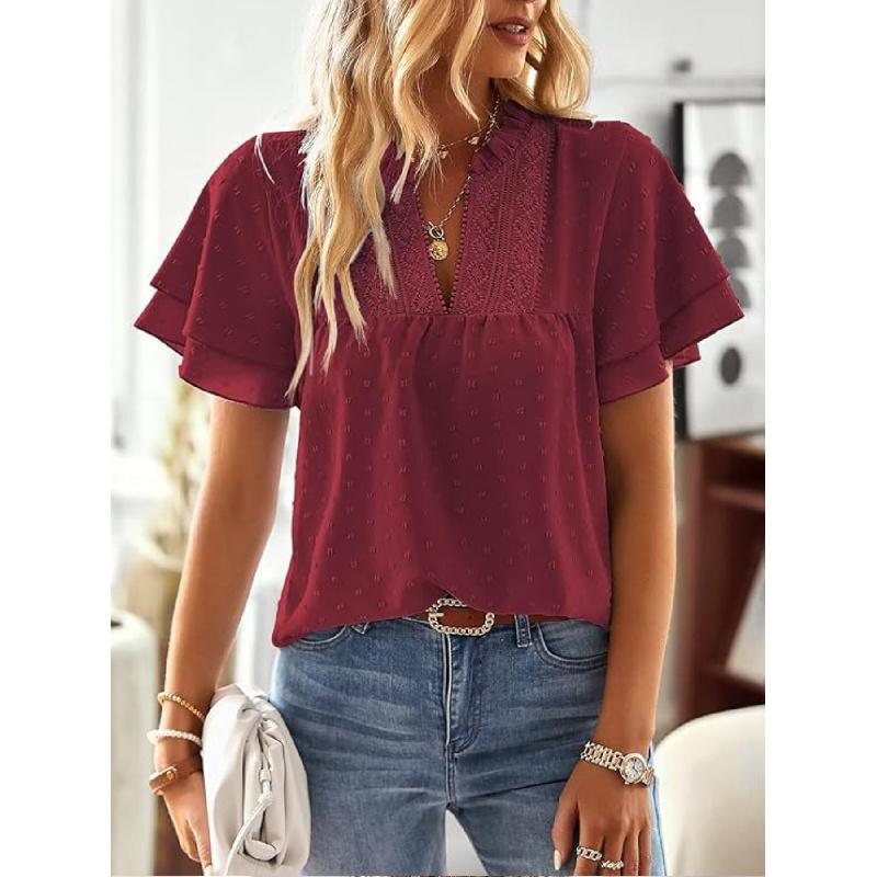 Elegant Resort-Style Deep V Lace Short-Sleeve Women's Blouse 2026 Spring/Summer